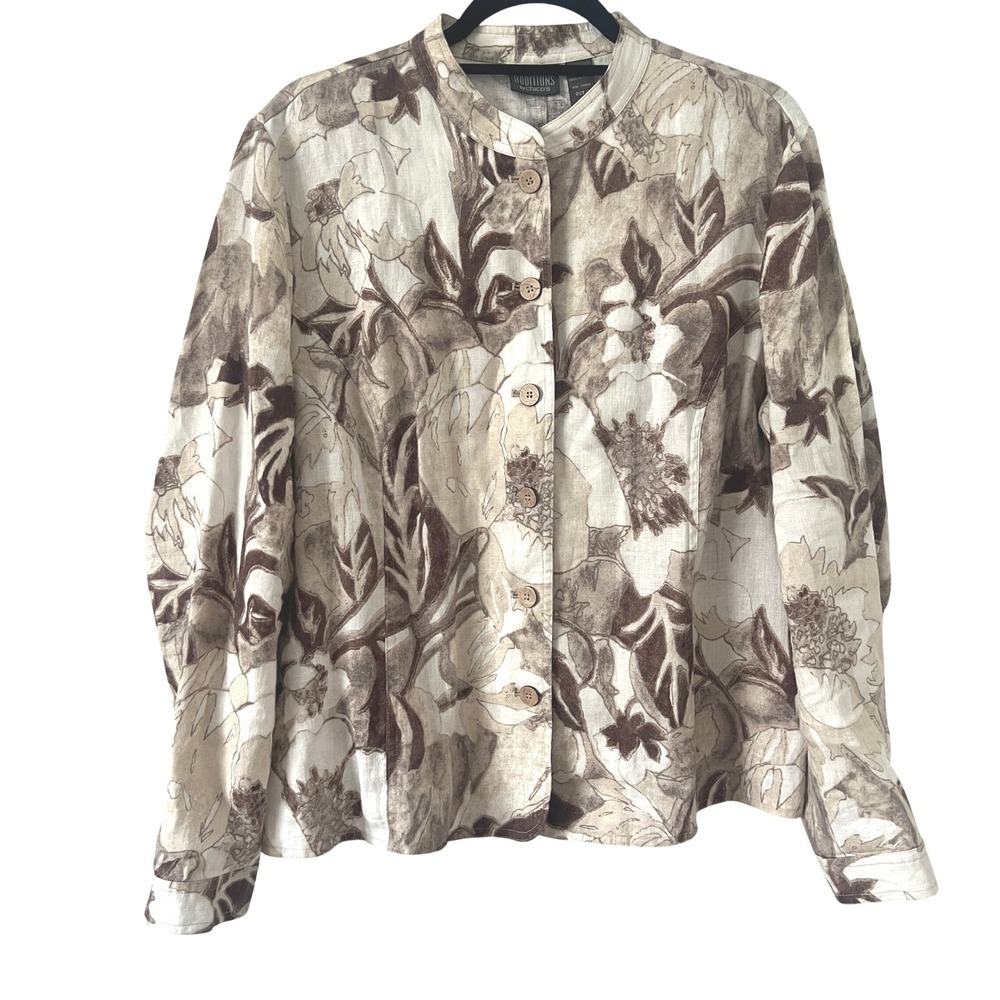 Additions by Chicos Sz 2 Large Light Jacket Brown Floral 100% Linen Button Up